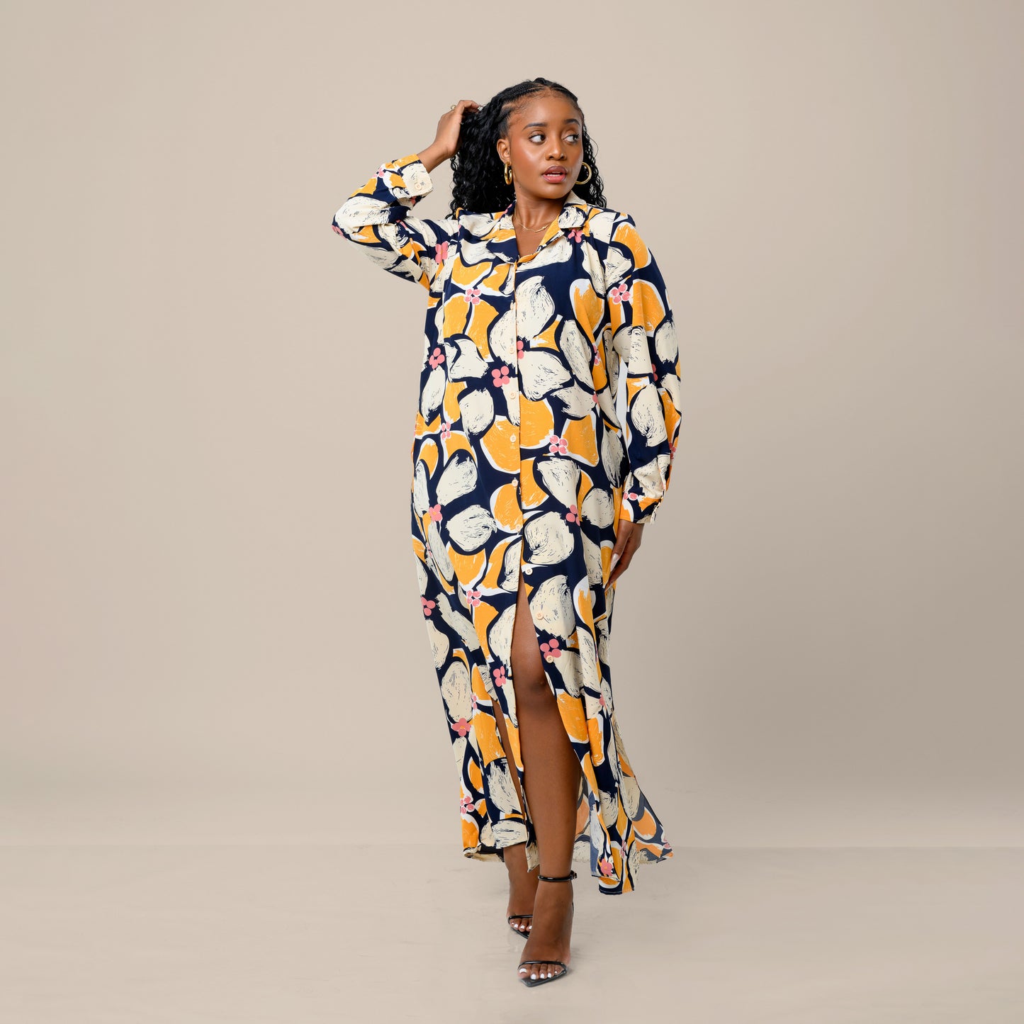 Tropical Floral Maxi Shirtdress - Navy Blue/Mustard