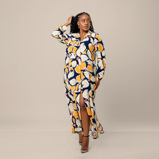Tropical Floral Maxi Shirtdress - Navy Blue/Mustard