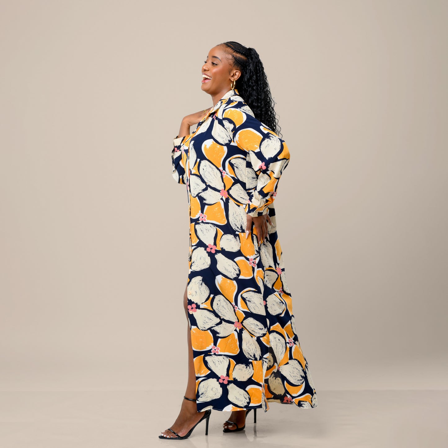 Tropical Floral Maxi Shirtdress - Navy Blue/Mustard