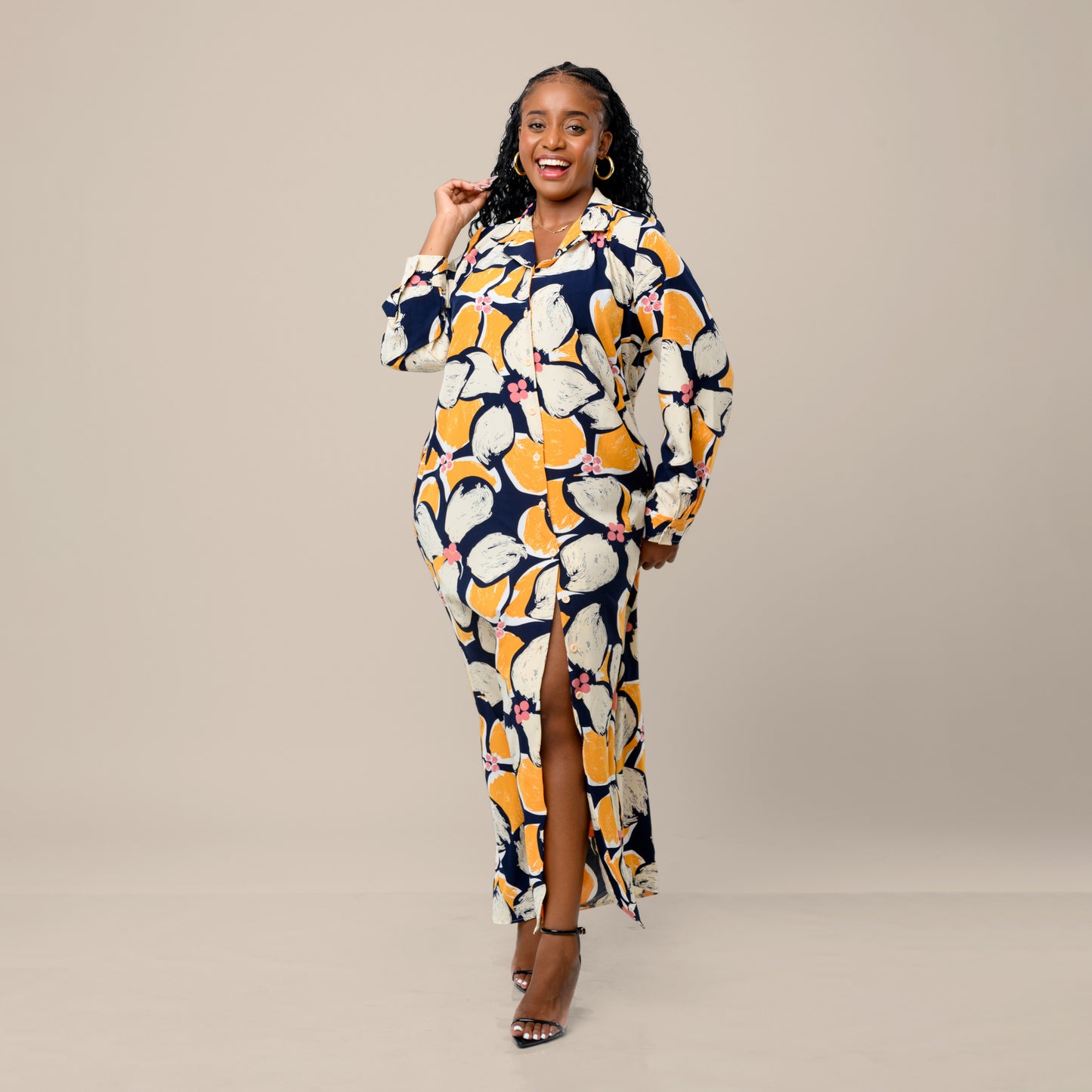 Tropical Floral Maxi Shirtdress - Navy Blue/Mustard