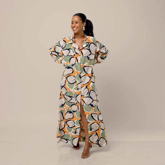 Tropical Floral Maxi Shirtdress - Olive Green/Mustard