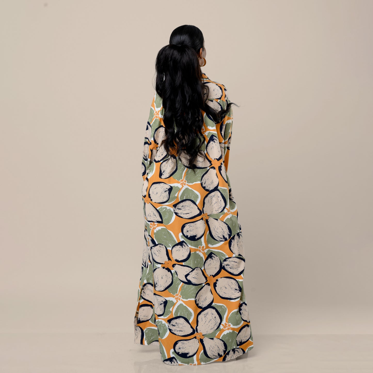 Tropical Floral Maxi Shirtdress - Olive Green/Mustard