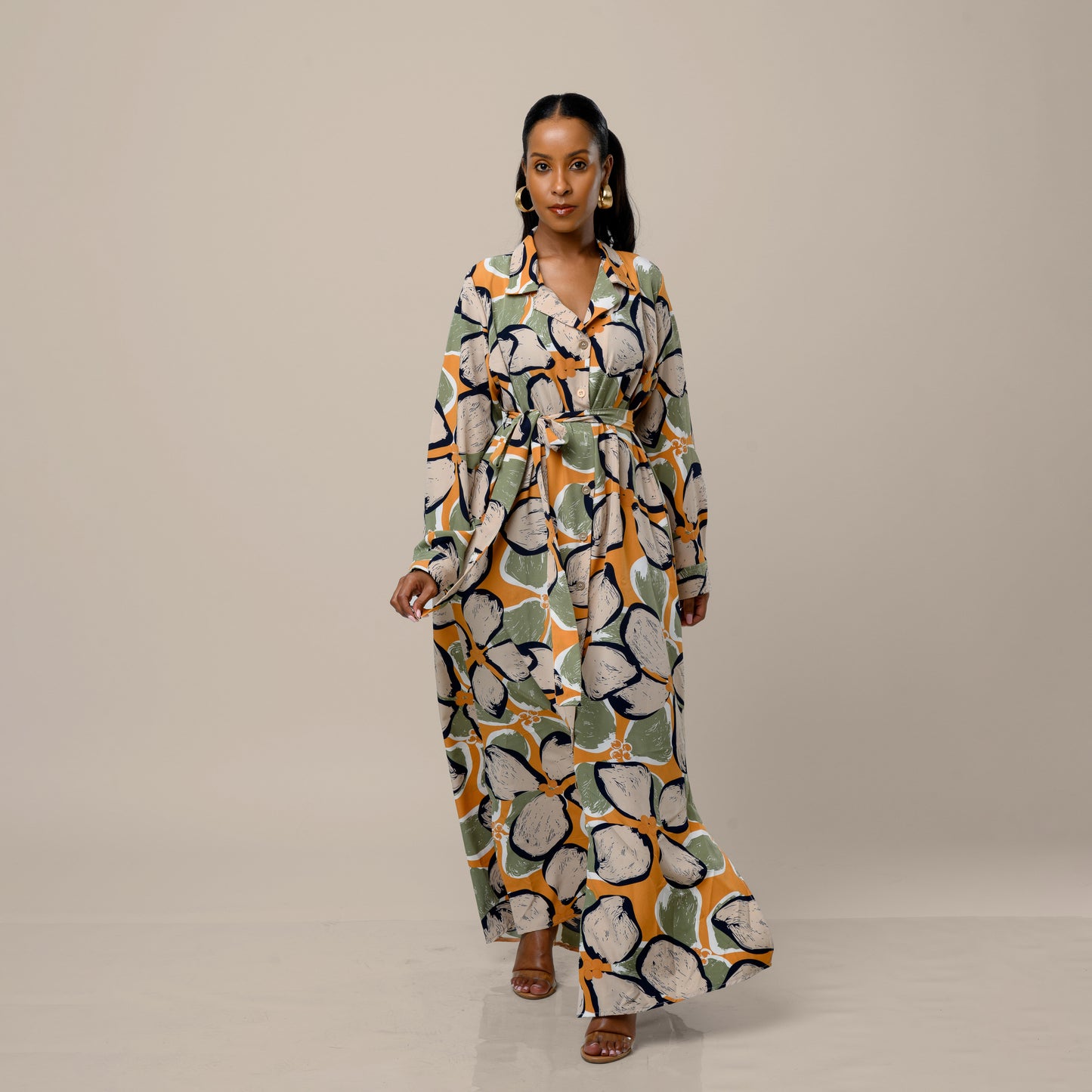 Tropical Floral Maxi Shirtdress - Olive Green/Mustard