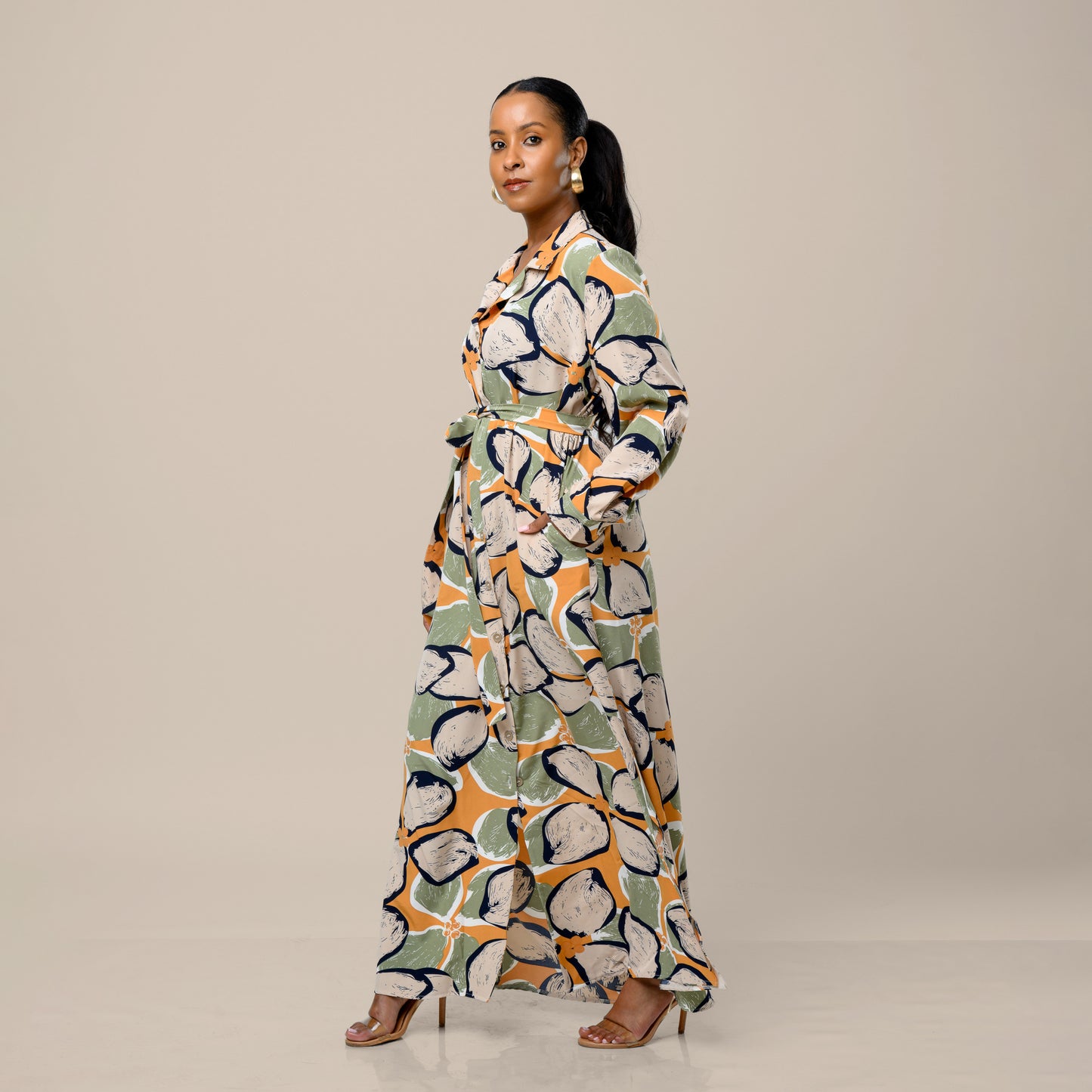 Tropical Floral Maxi Shirtdress - Olive Green/Mustard