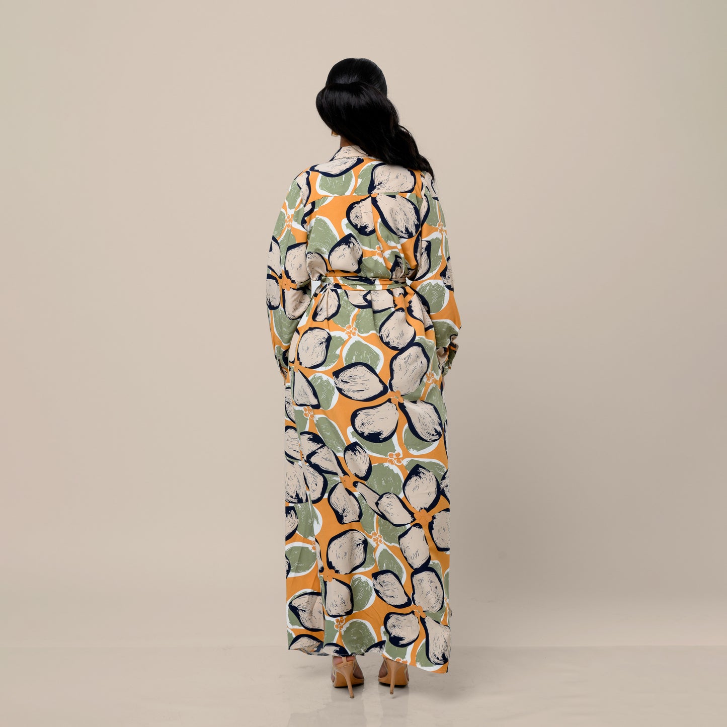 Tropical Floral Maxi Shirtdress - Olive Green/Mustard