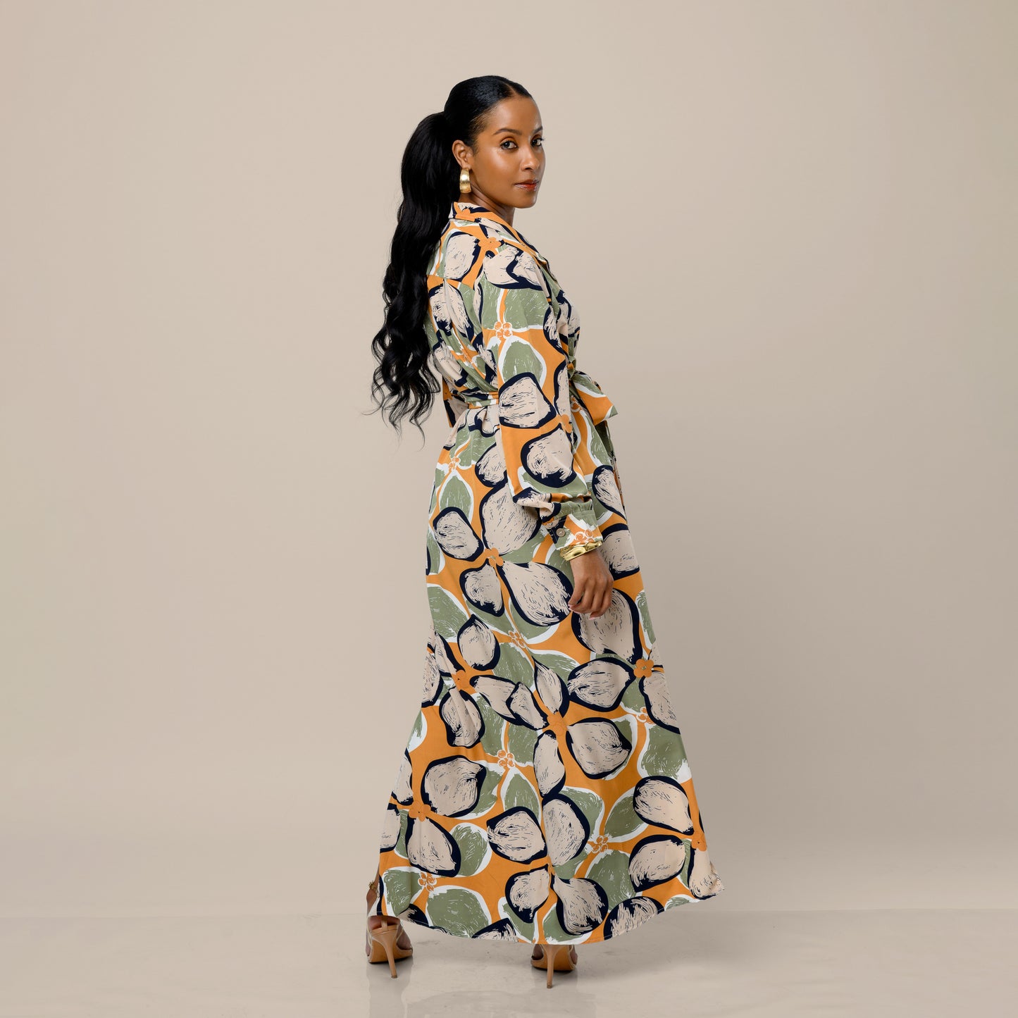 Tropical Floral Maxi Shirtdress - Olive Green/Mustard