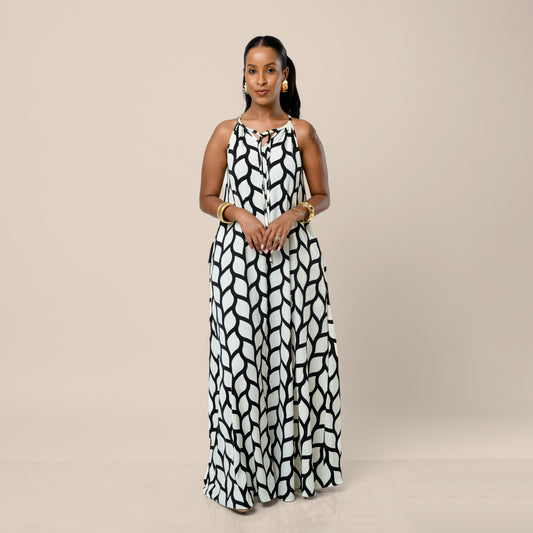 Sleeveless Maxi Dress - Abstract Wave