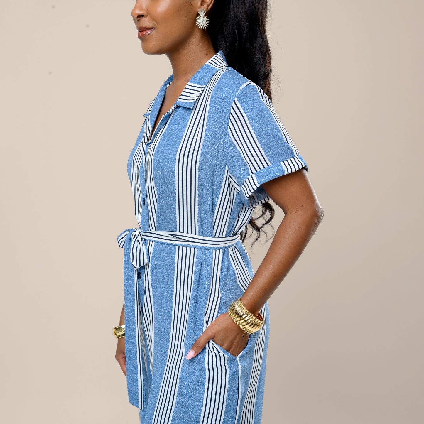 Wide Leg Belted Jumpsuit - Blue Stripe