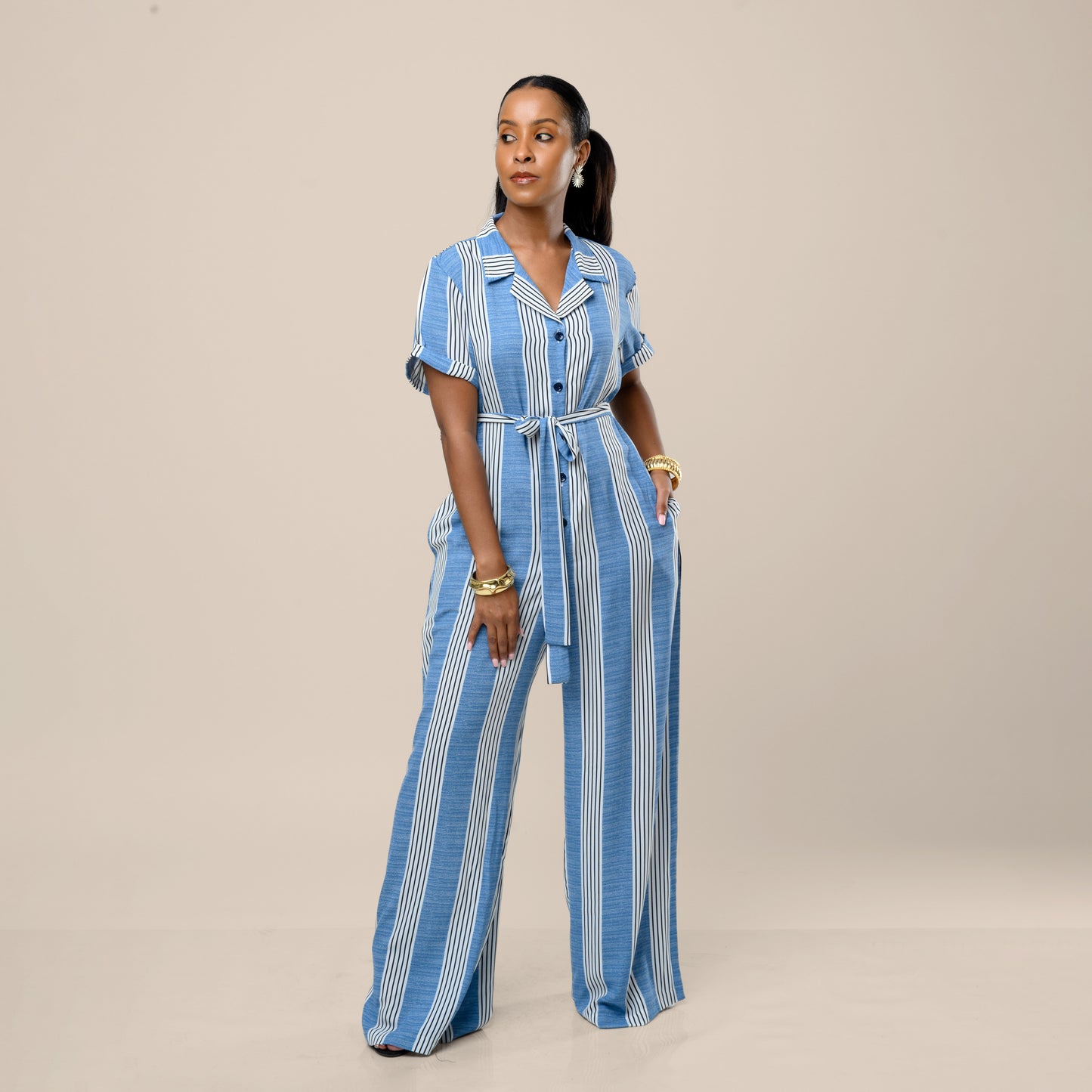 Wide Leg Belted Jumpsuit - Blue Stripe