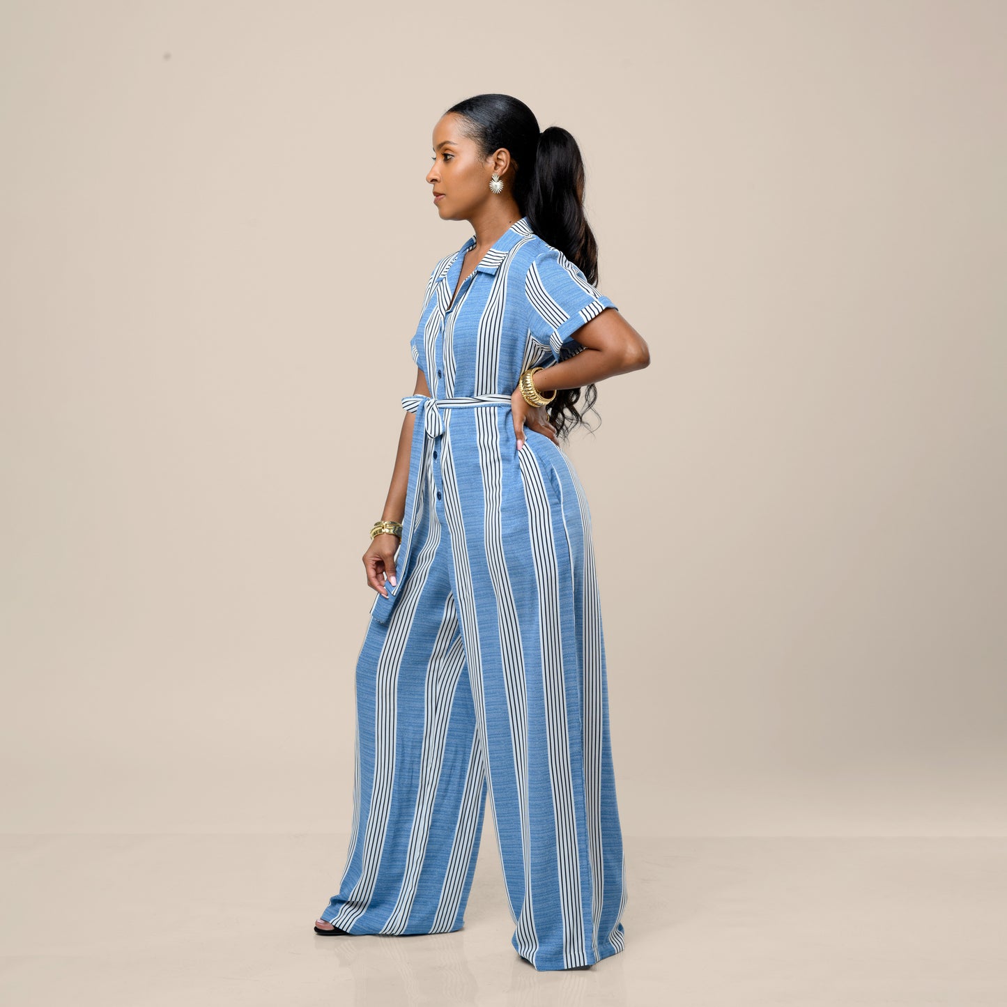 Wide Leg Belted Jumpsuit - Blue Stripe