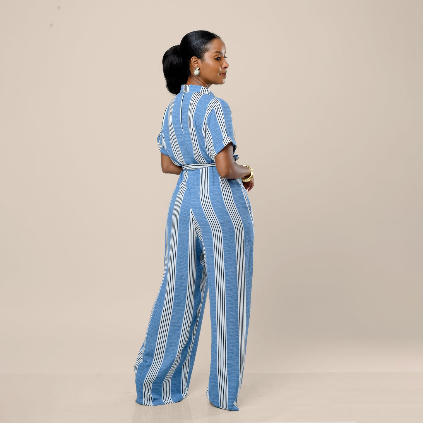 Wide Leg Belted Jumpsuit - Blue Stripe