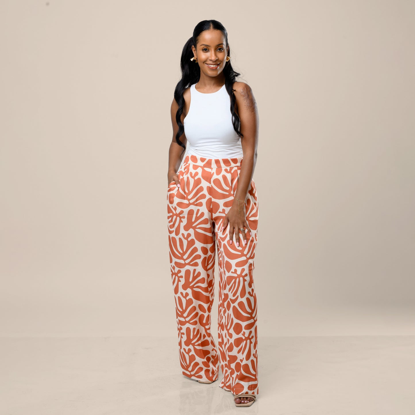 Nia Wide Leg Palazzo Pants - Orange Coral Print