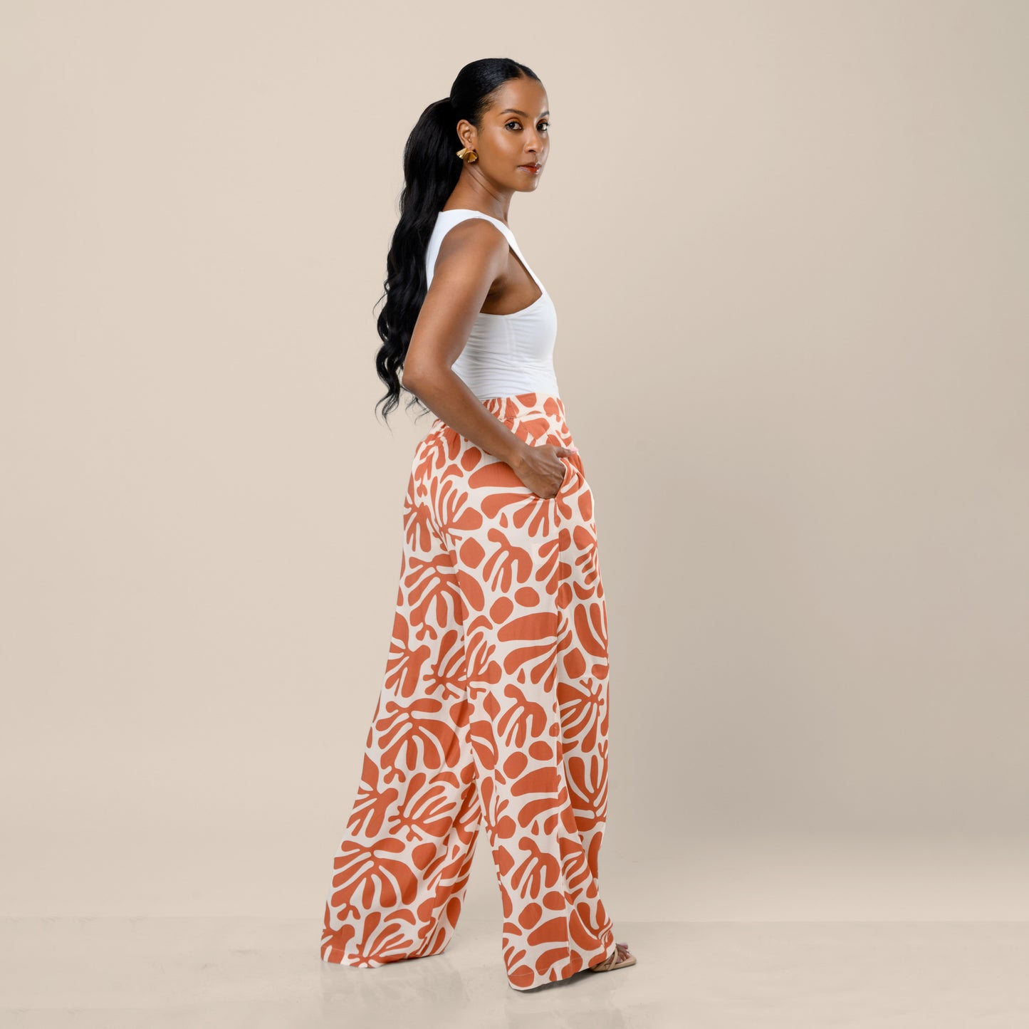 Nia Wide Leg Palazzo Pants - Orange Coral Print