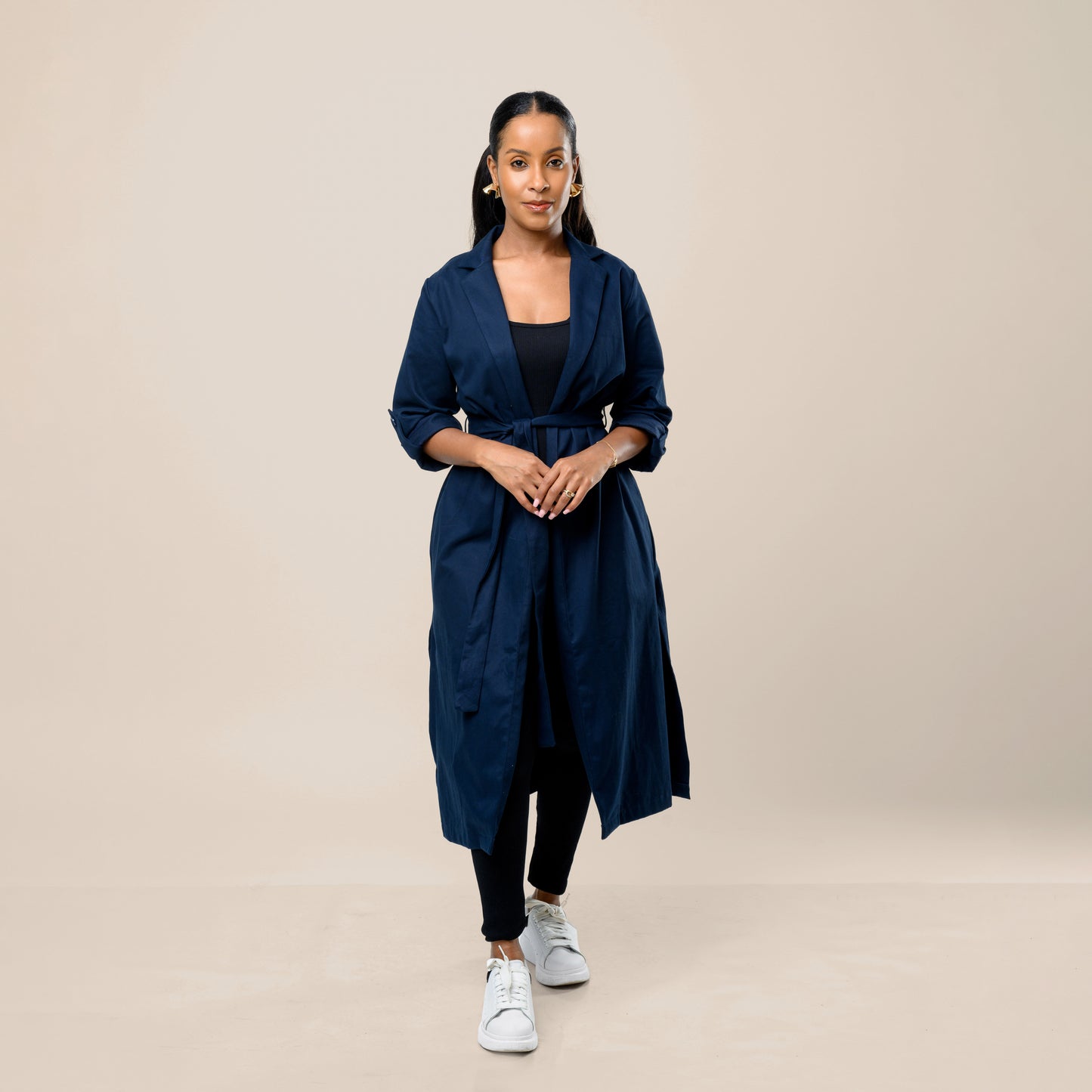 Safari Open Front Midi Coat with Tie Belt - Navy Blue