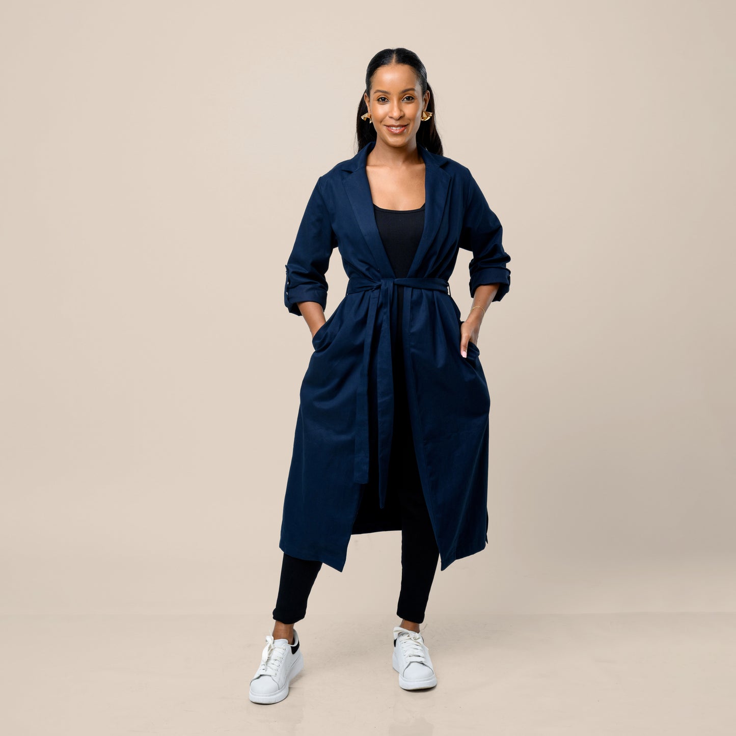 Safari Open Front Midi Coat with Tie Belt - Navy Blue