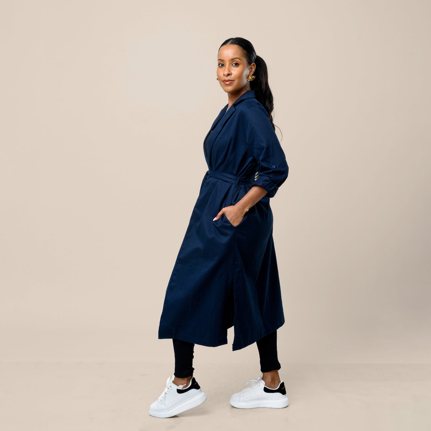 Safari Open Front Midi Coat with Tie Belt - Navy Blue