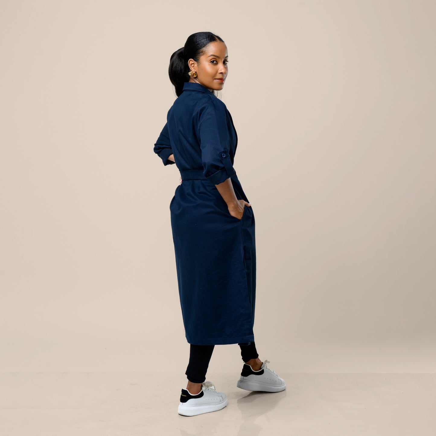 Safari Open Front Midi Coat with Tie Belt - Navy Blue