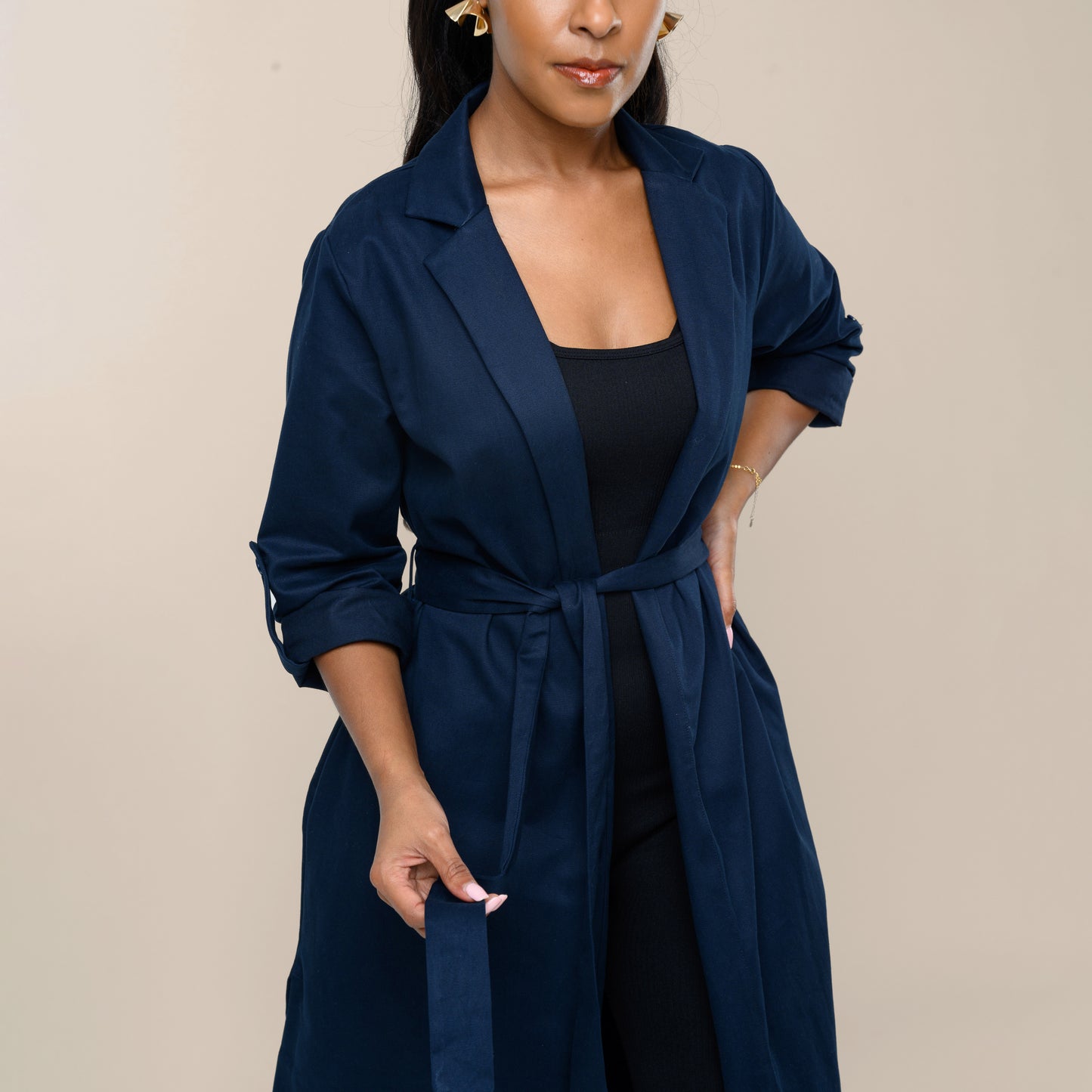 Safari Open Front Midi Coat with Tie Belt - Navy Blue