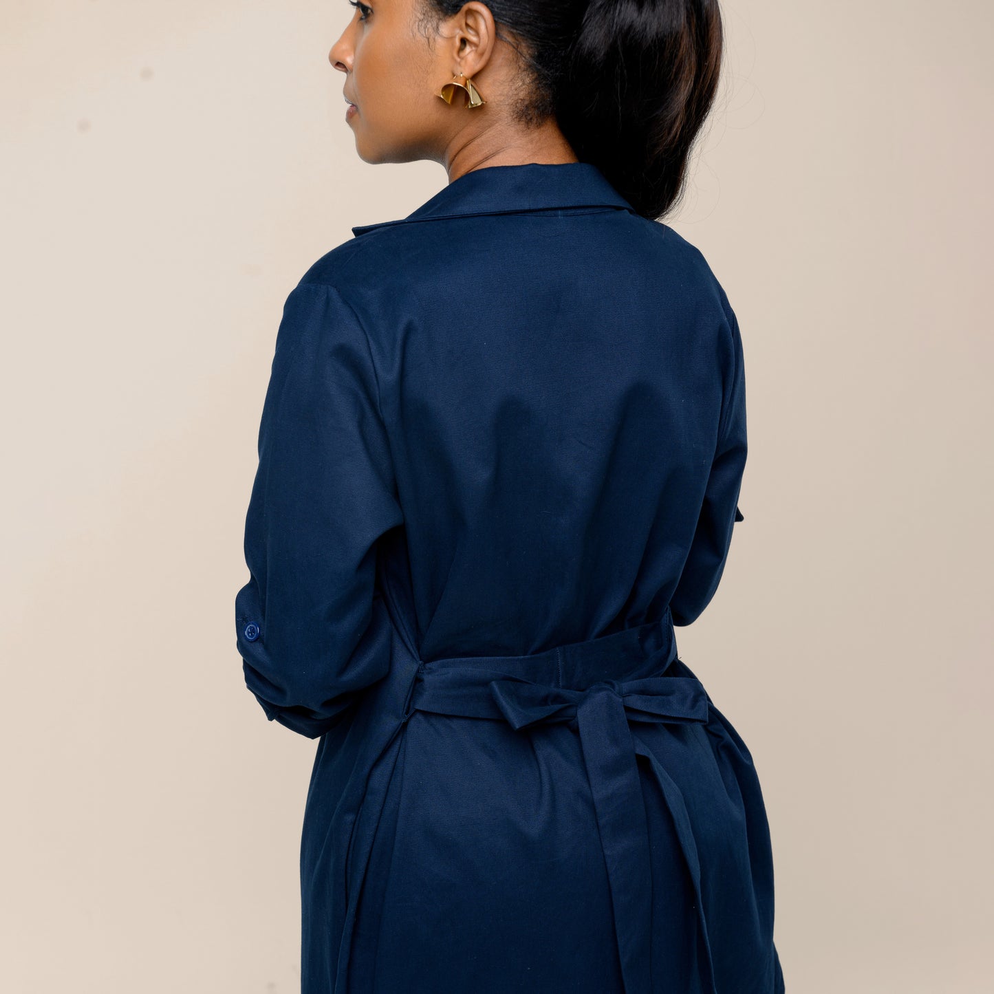 Safari Open Front Midi Coat with Tie Belt - Navy Blue