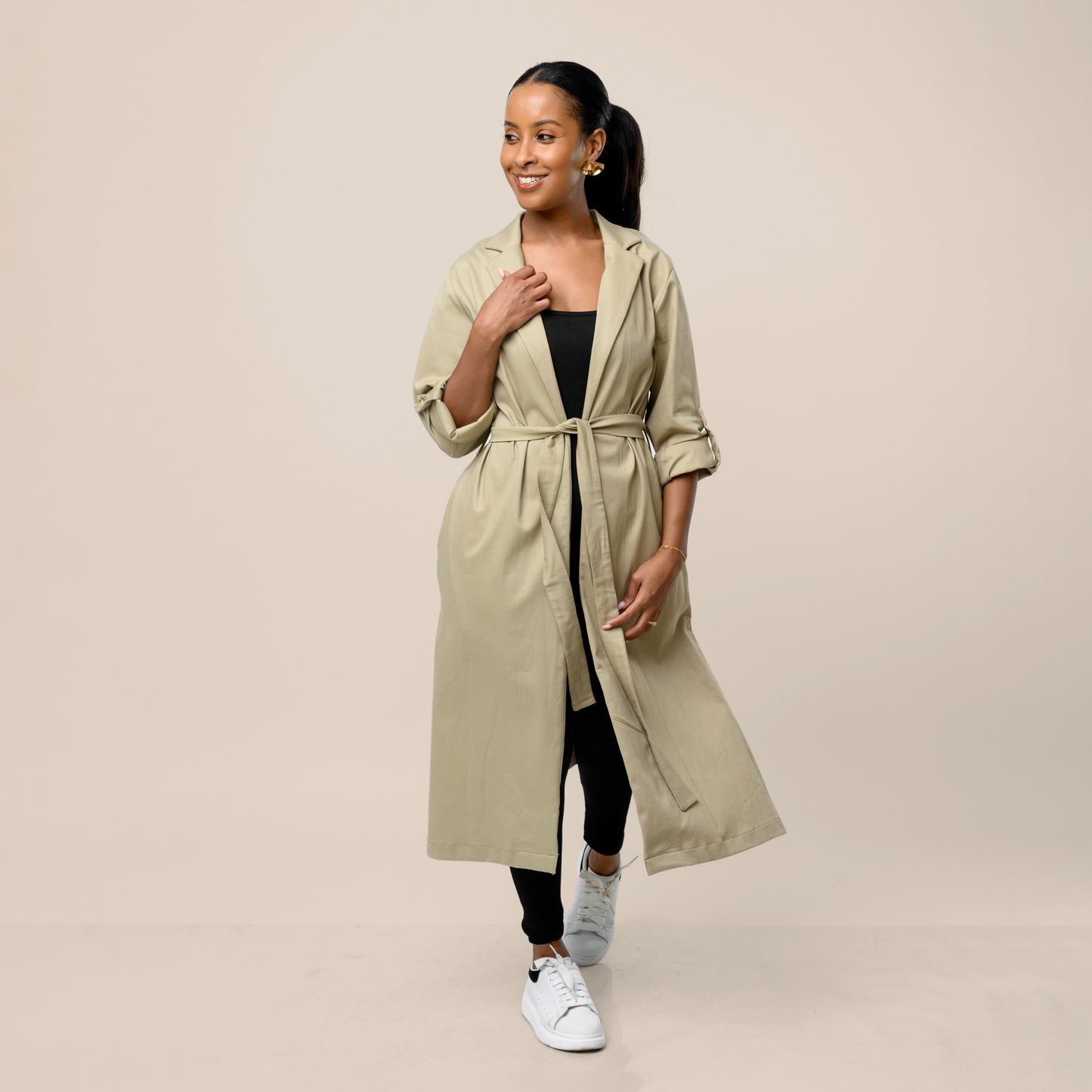 Safari Open Front Midi Coat with Tie Belt - Khaki