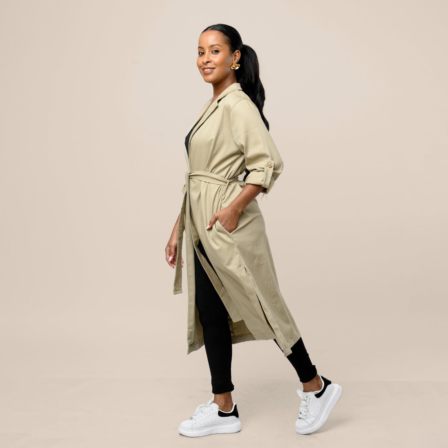 Safari Open Front Midi Coat with Tie Belt - Khaki