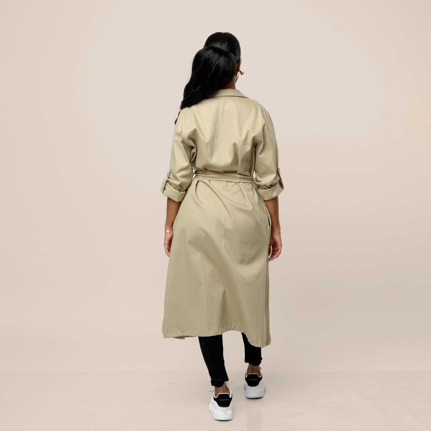Safari Open Front Midi Coat with Tie Belt - Khaki