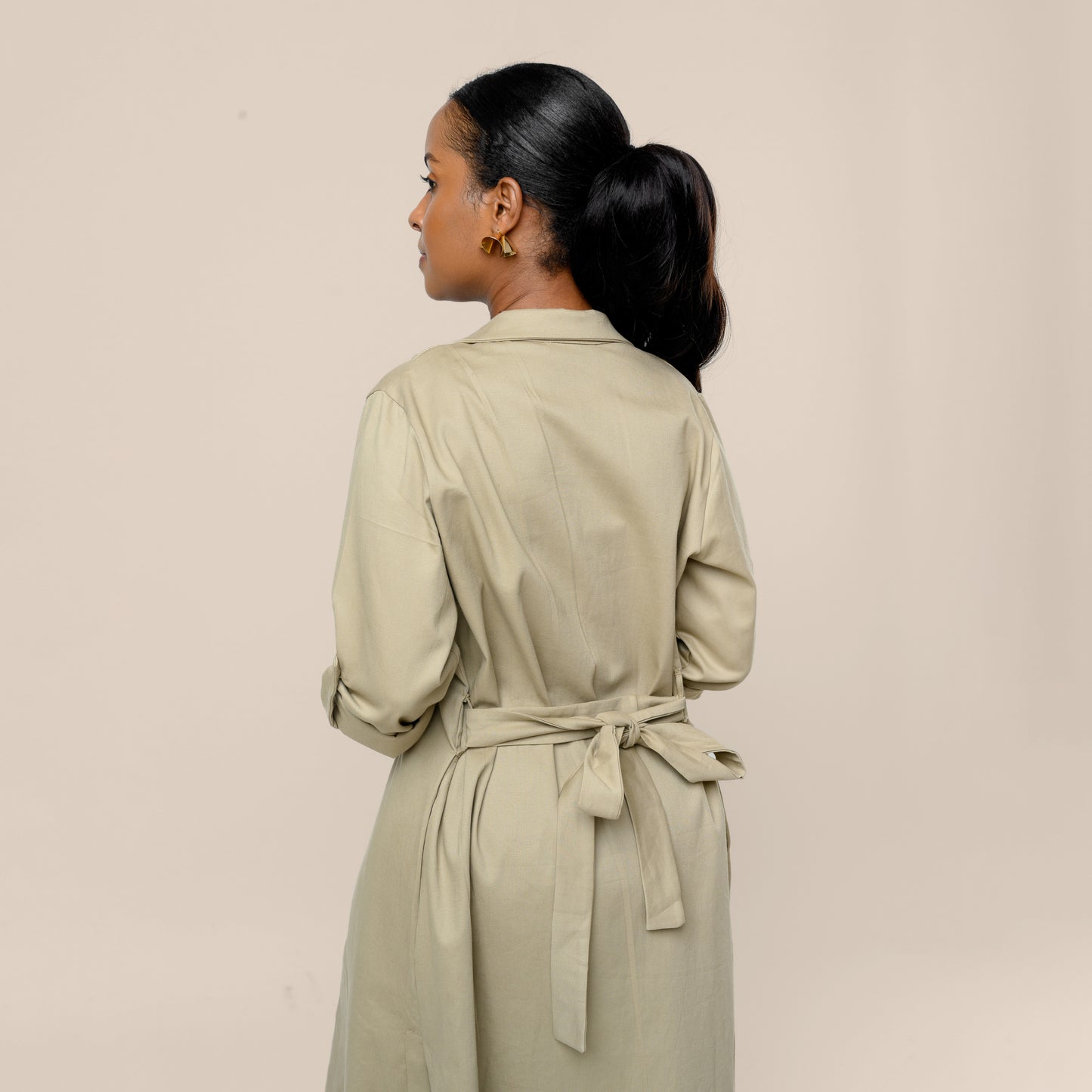 Safari Open Front Midi Coat with Tie Belt - Khaki