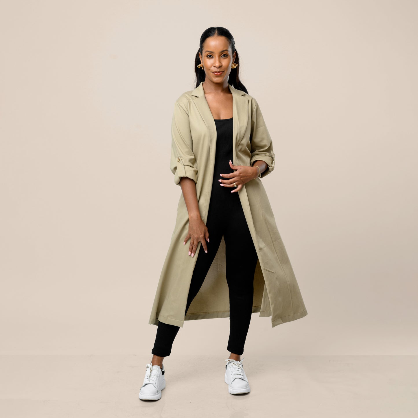 Safari Open Front Midi Coat with Tie Belt - Khaki