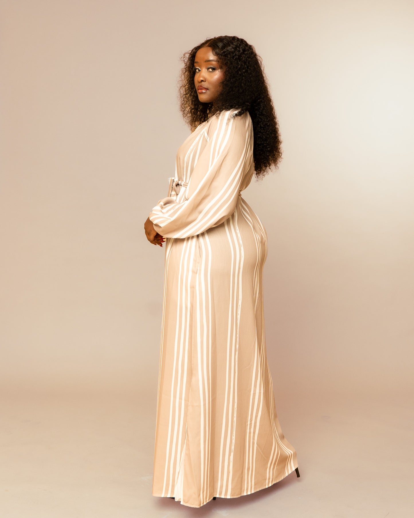 Belted Shirt Maxi Dress - Taupe Stripe