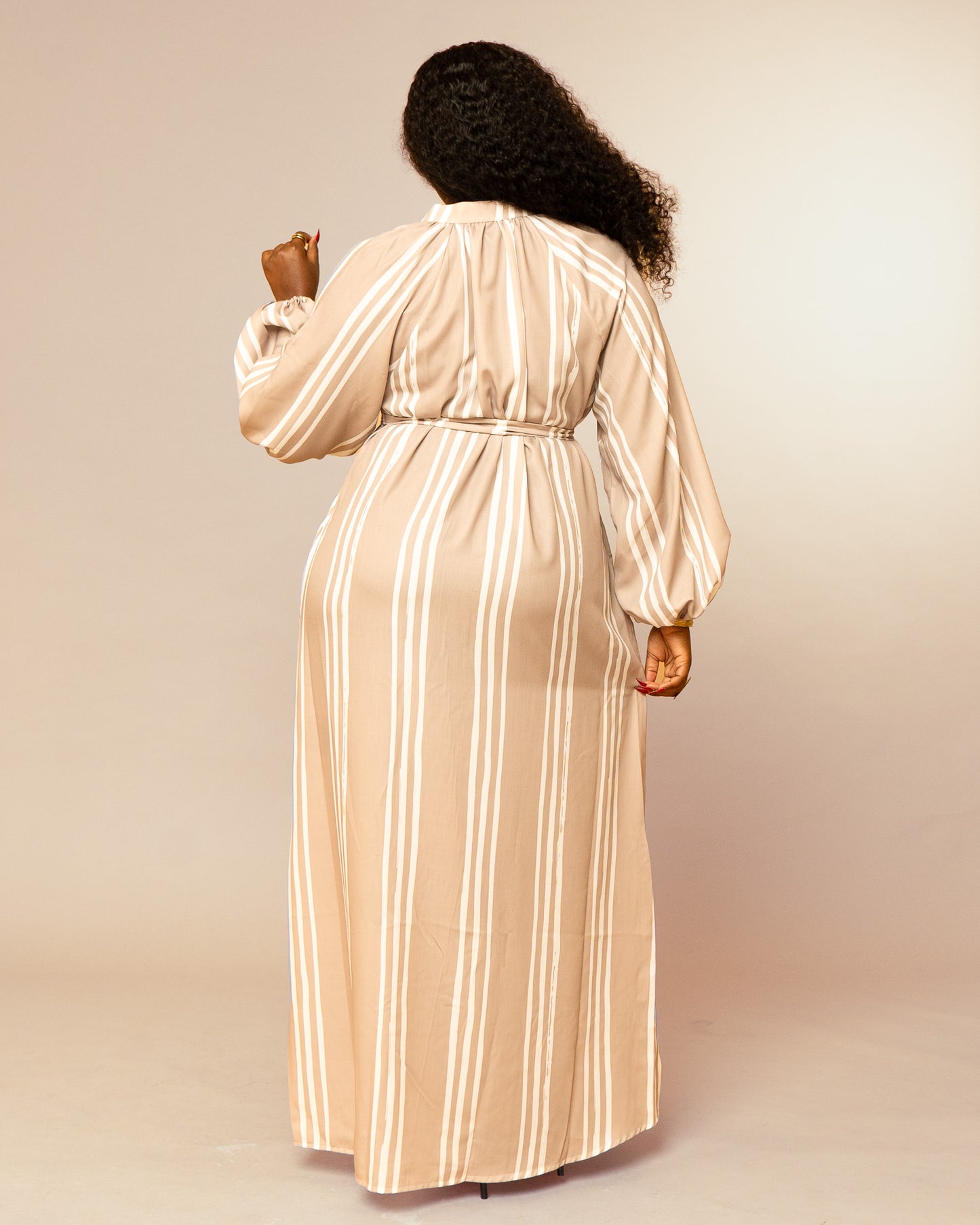 Belted Shirt Maxi Dress - Taupe Stripe