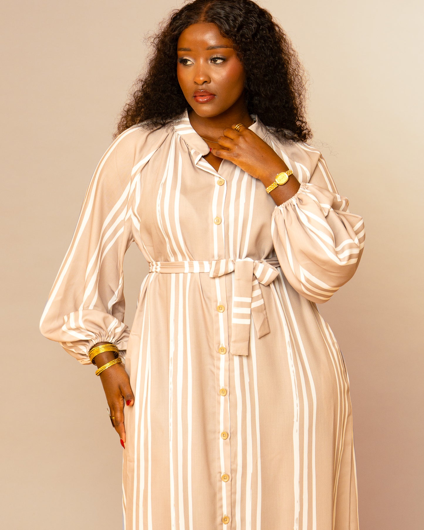 Belted Shirt Maxi Dress - Taupe Stripe