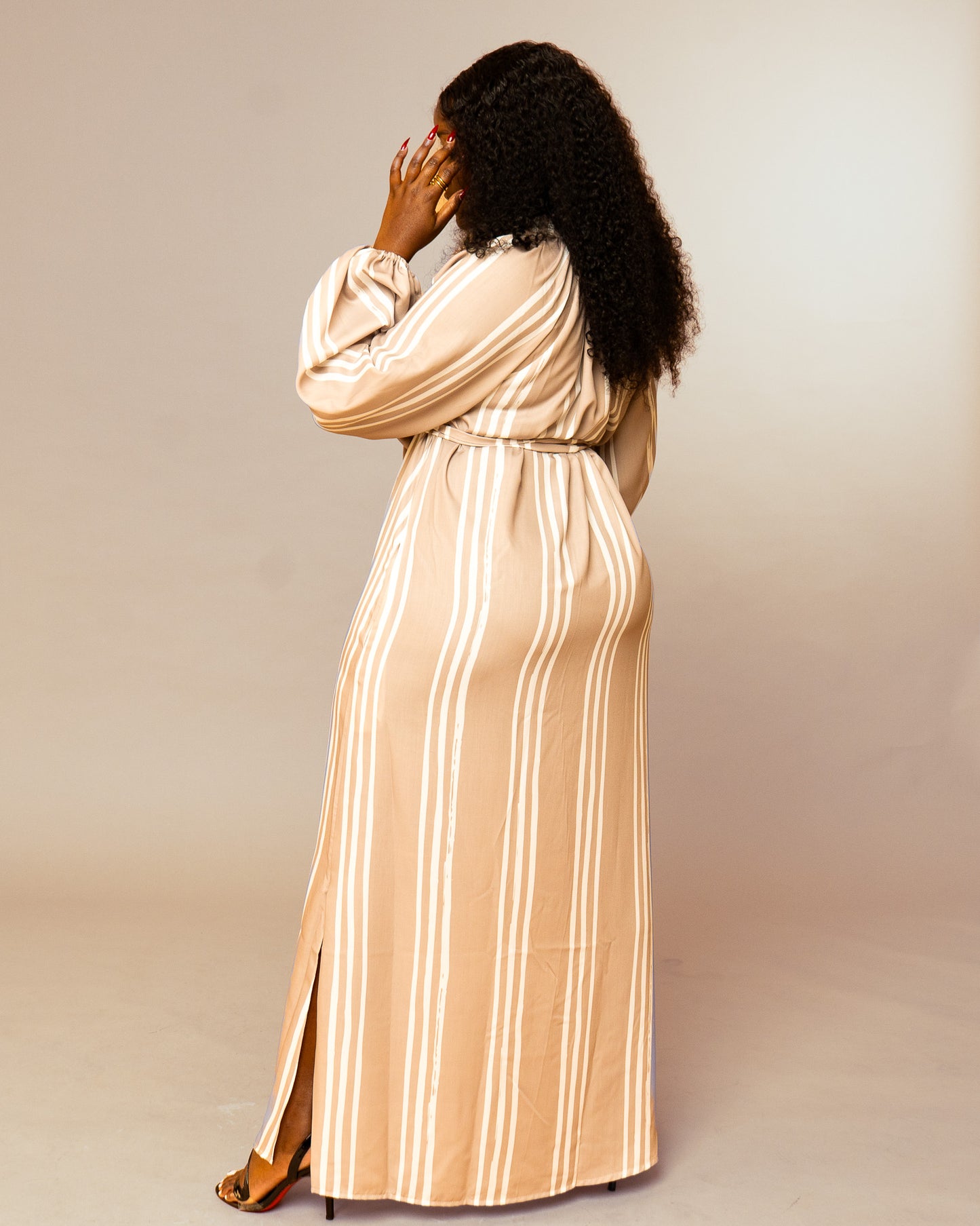 Belted Shirt Maxi Dress - Taupe Stripe