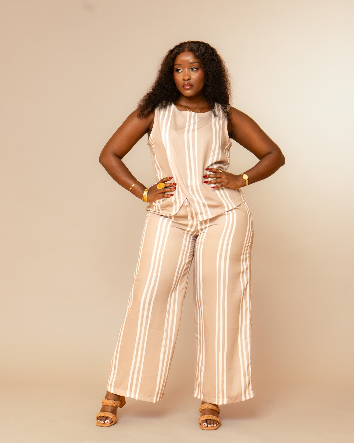 Asymmetric Co-ord Set - Taupe Stripe