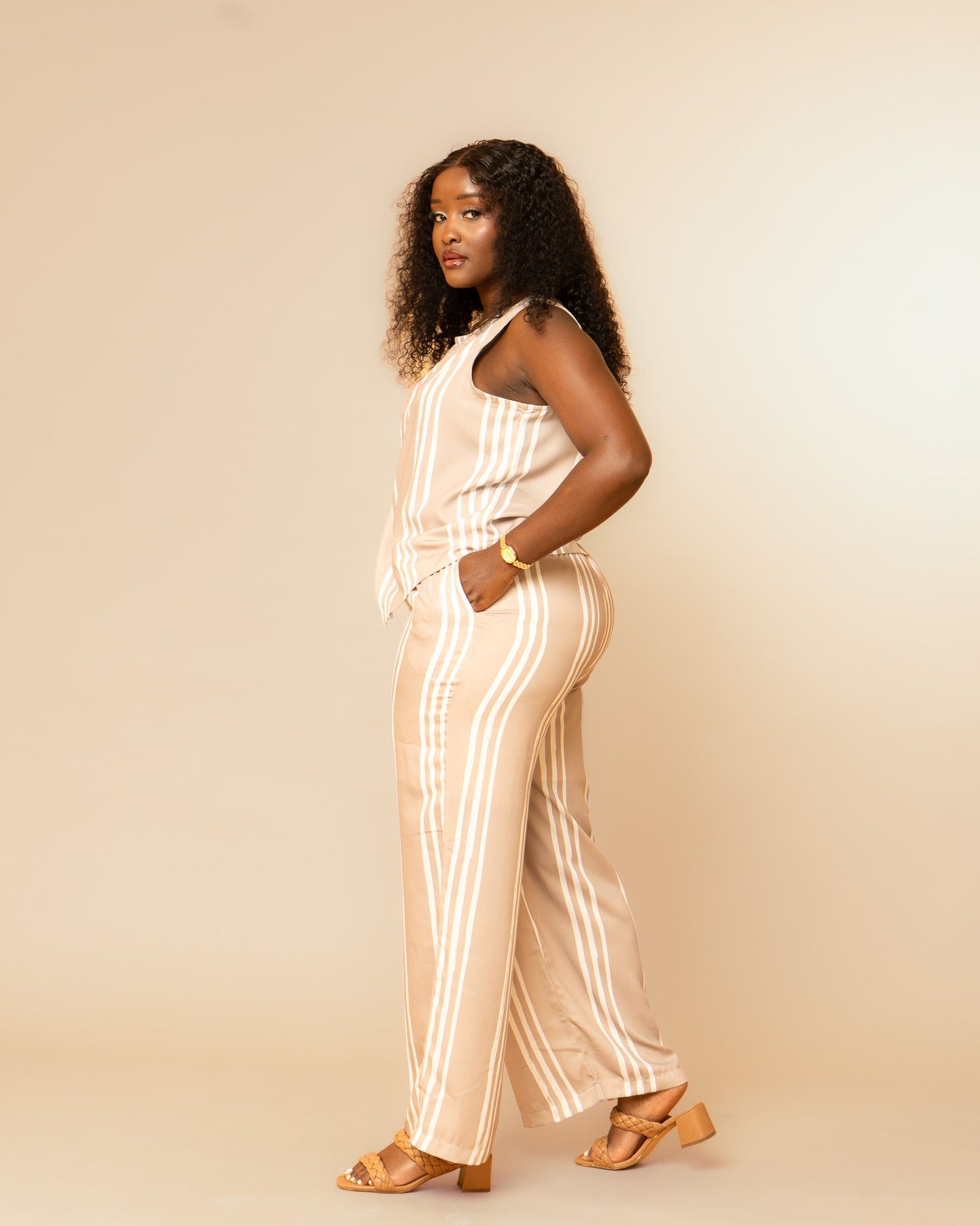 Asymmetric Co-ord Set - Taupe Stripe