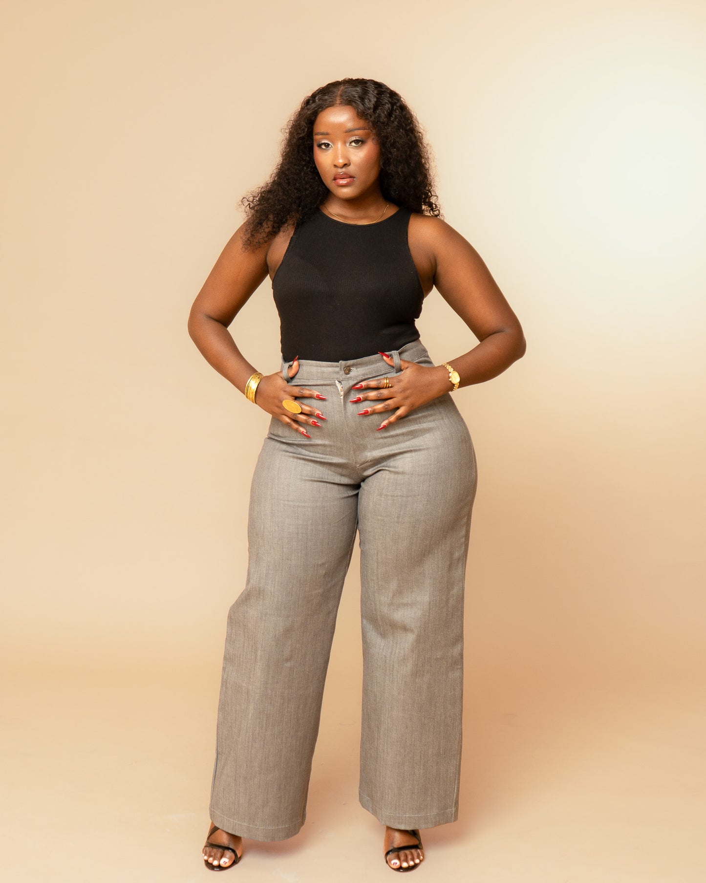 High Waist Denim Jeans - Stone Grey