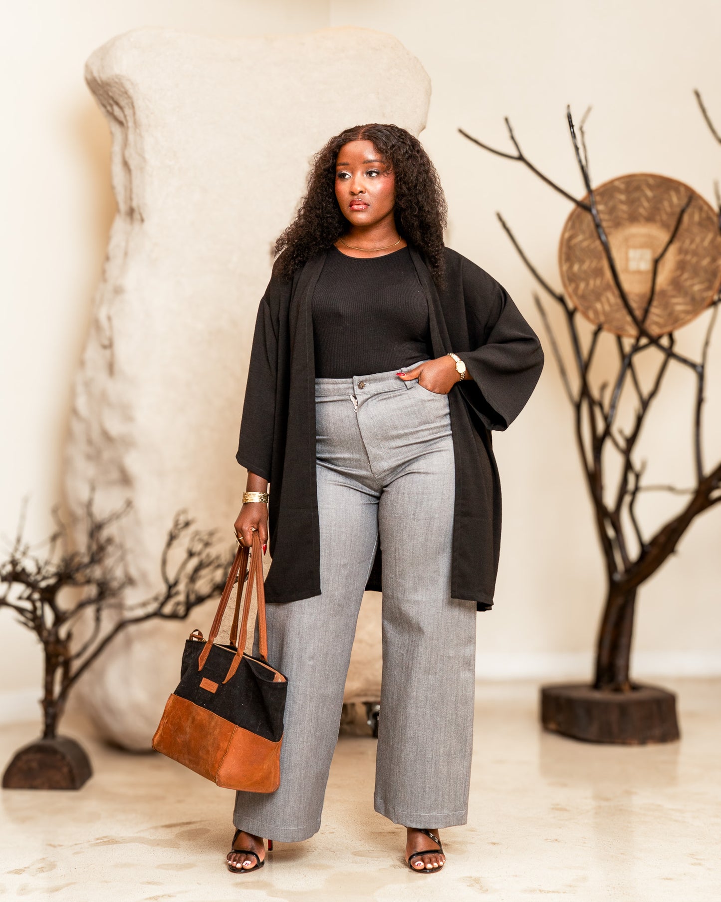 High Waist Denim Jeans - Stone Grey