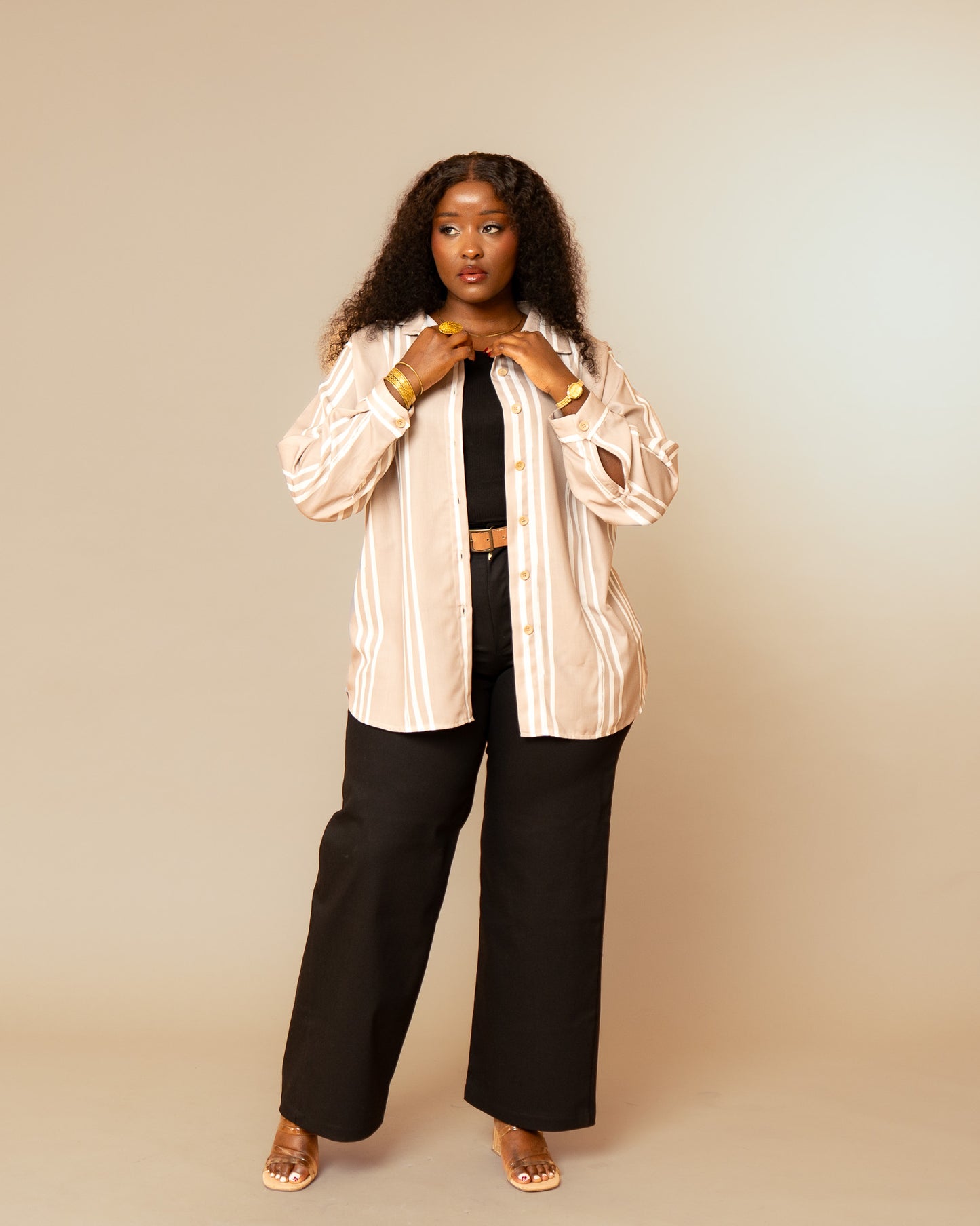 Relaxed Longline Shirt - Taupe Stripe