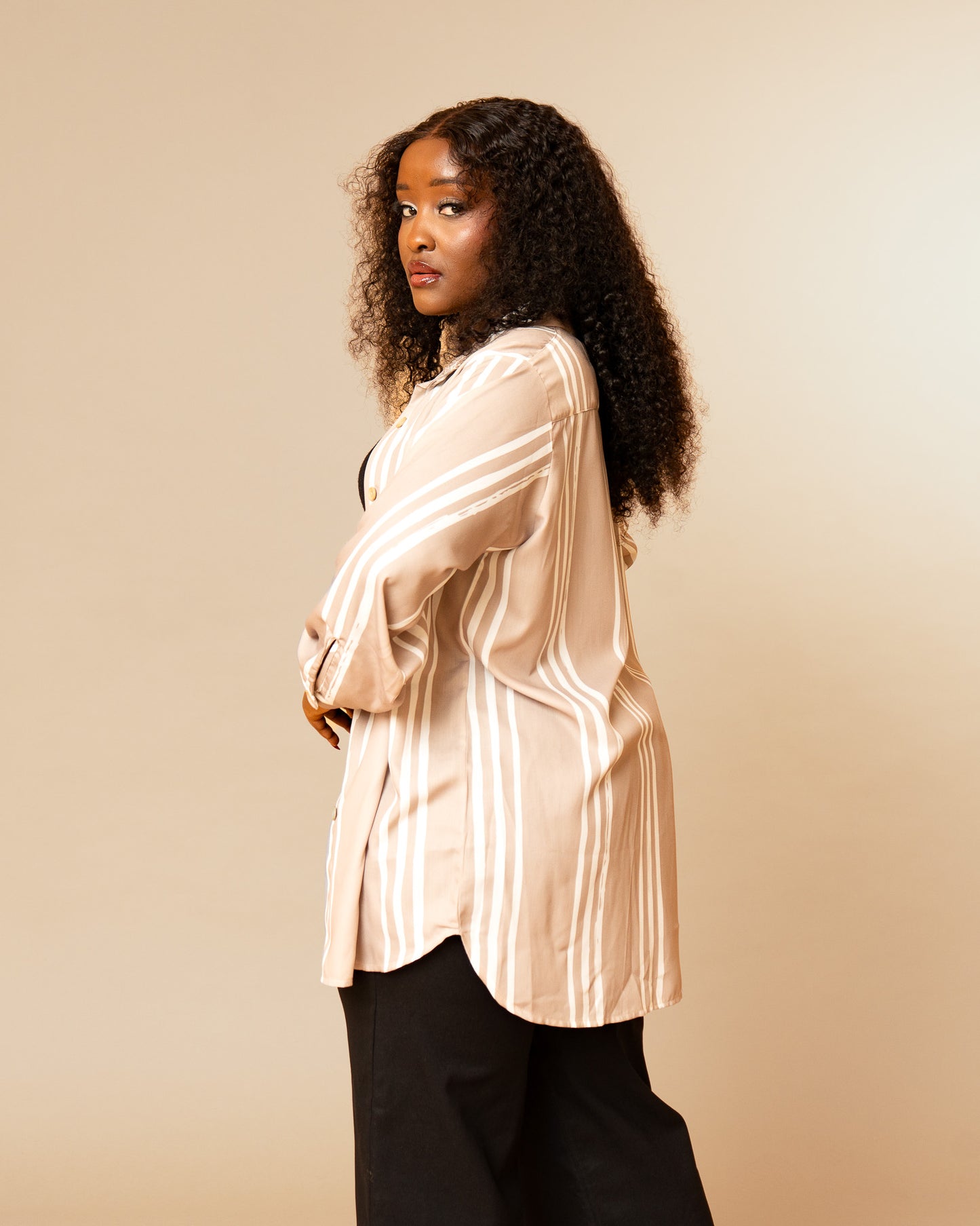 Relaxed Longline Shirt - Taupe Stripe