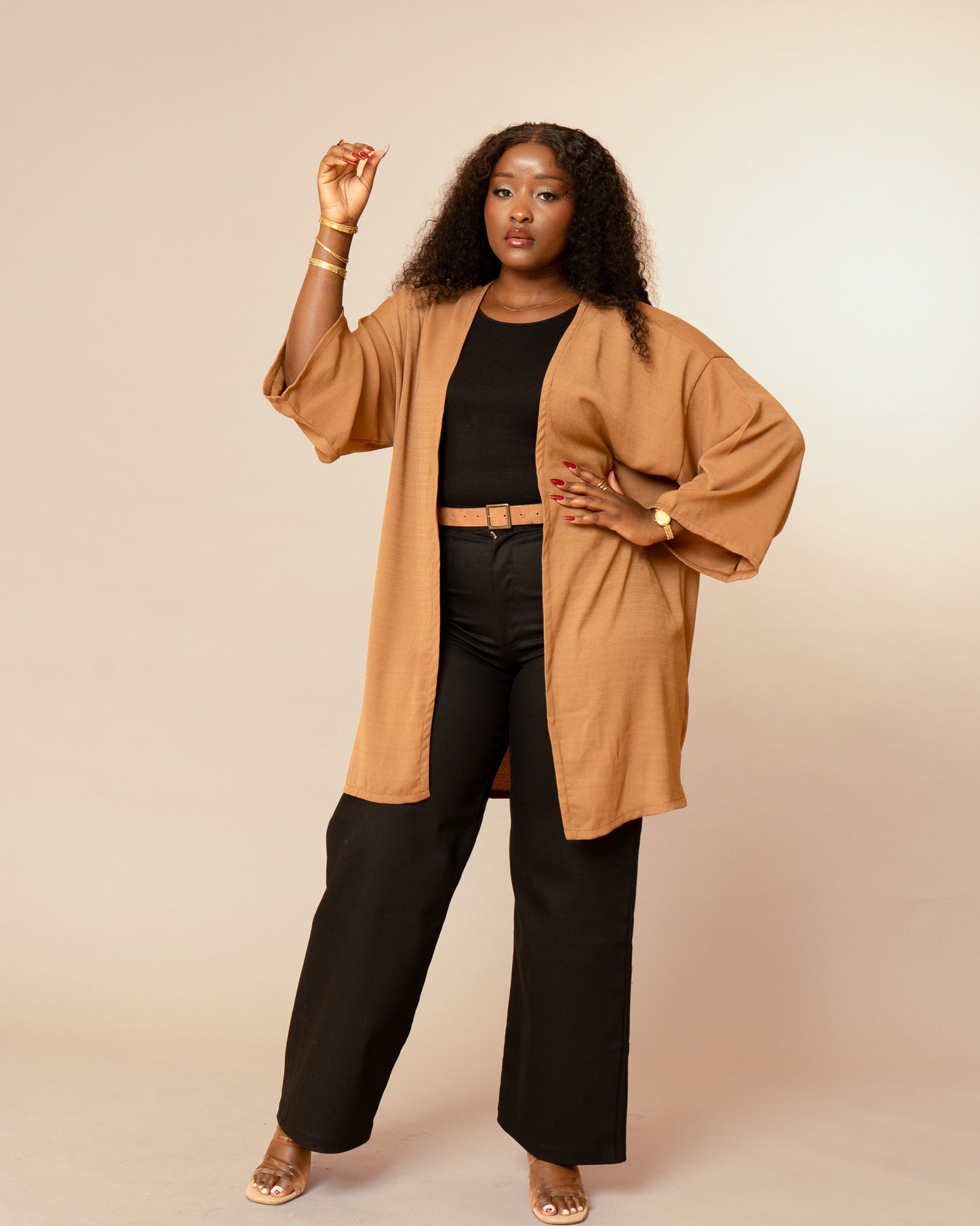 Open Front Kimono - Camel