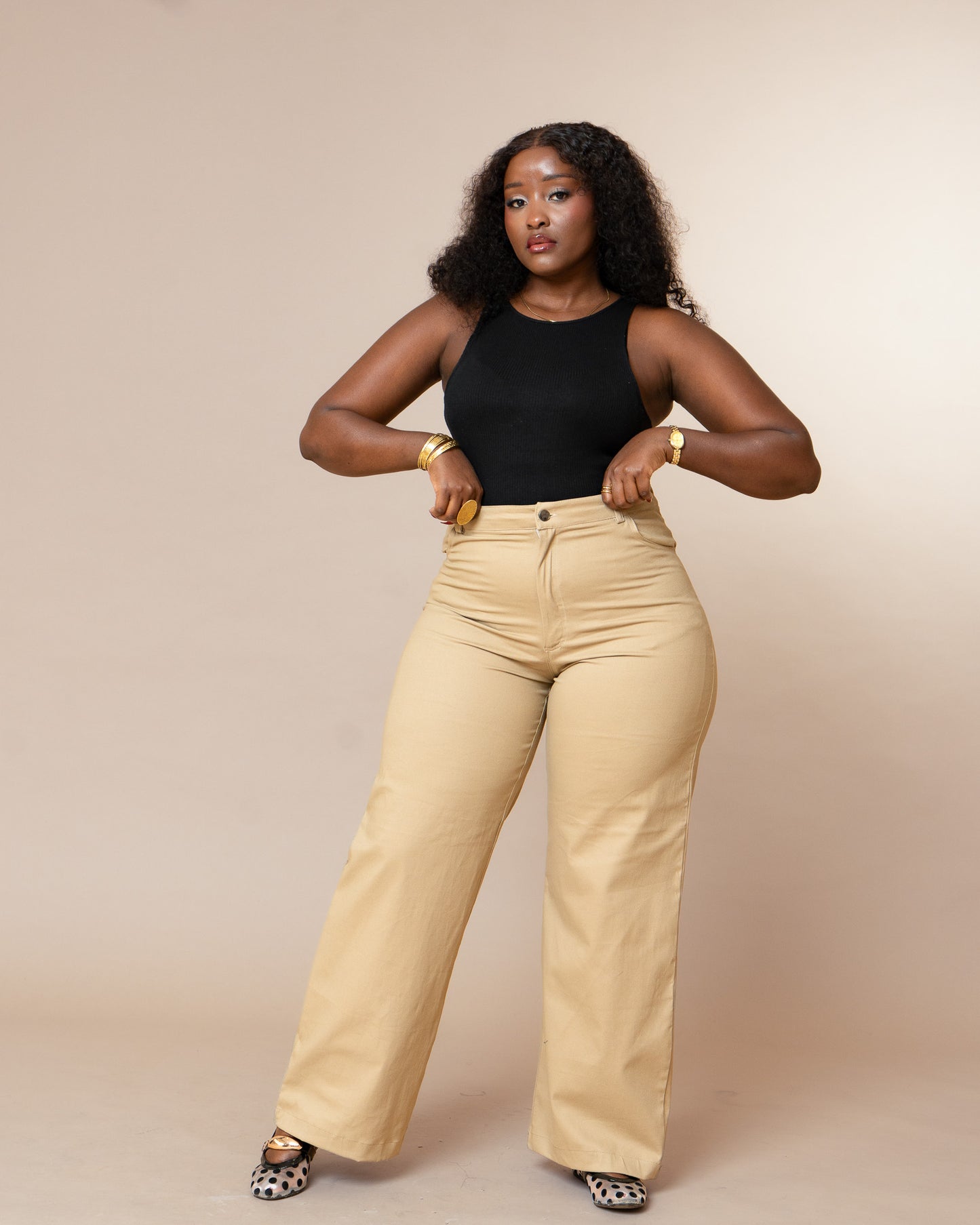 High Waist Denim Jeans - Beige