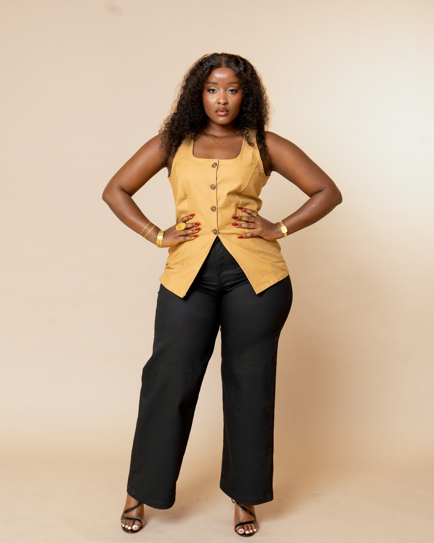 Button Front Tie Back Vest Top - Camel Brown