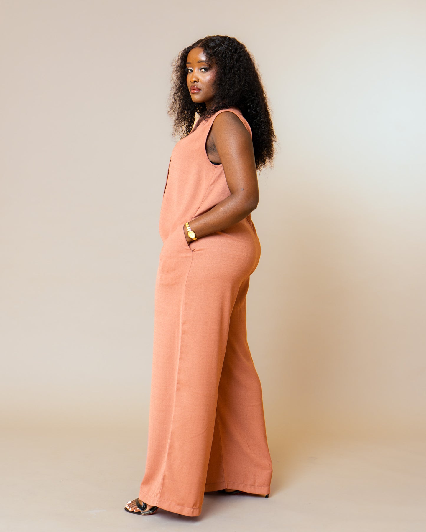 Button Front Wide Leg Jumpsuit - Dusty Rose