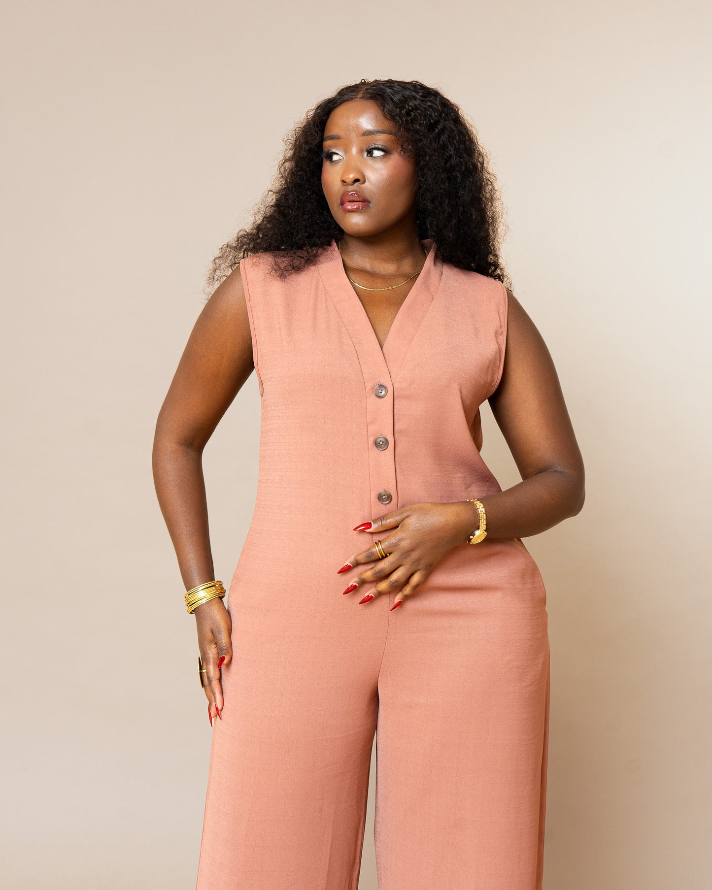 Button Front Wide Leg Jumpsuit - Dusty Rose