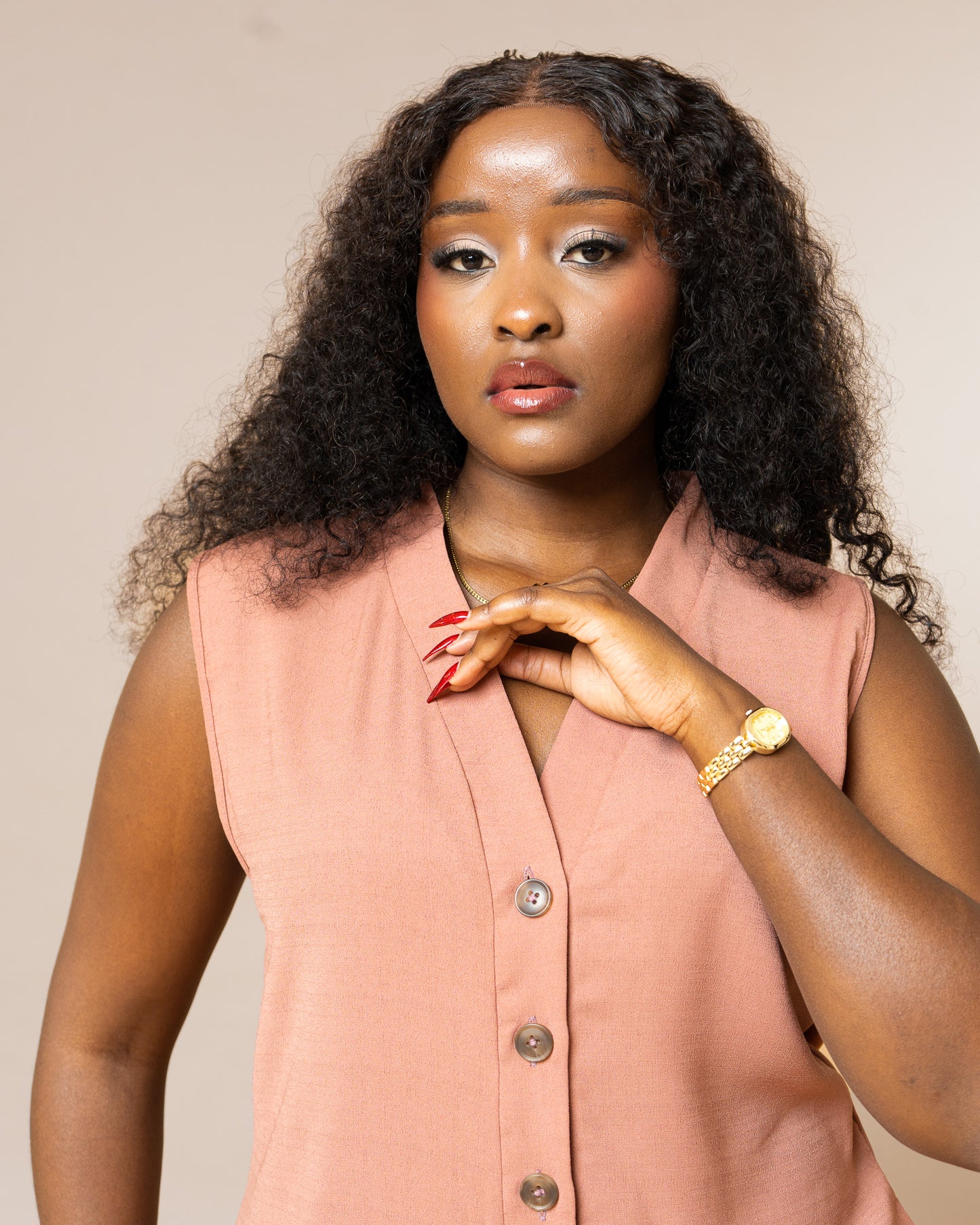 Button Front Wide Leg Jumpsuit - Dusty Rose