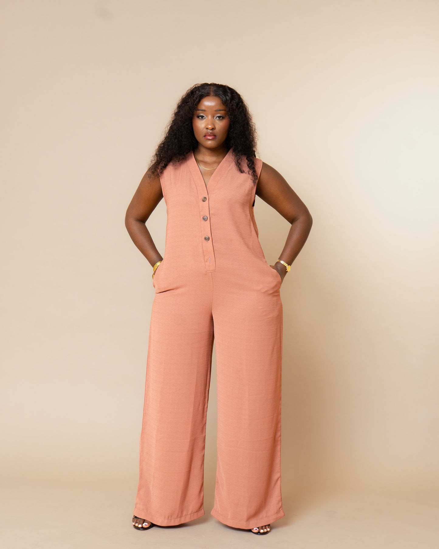 Button Front Wide Leg Jumpsuit - Dusty Rose