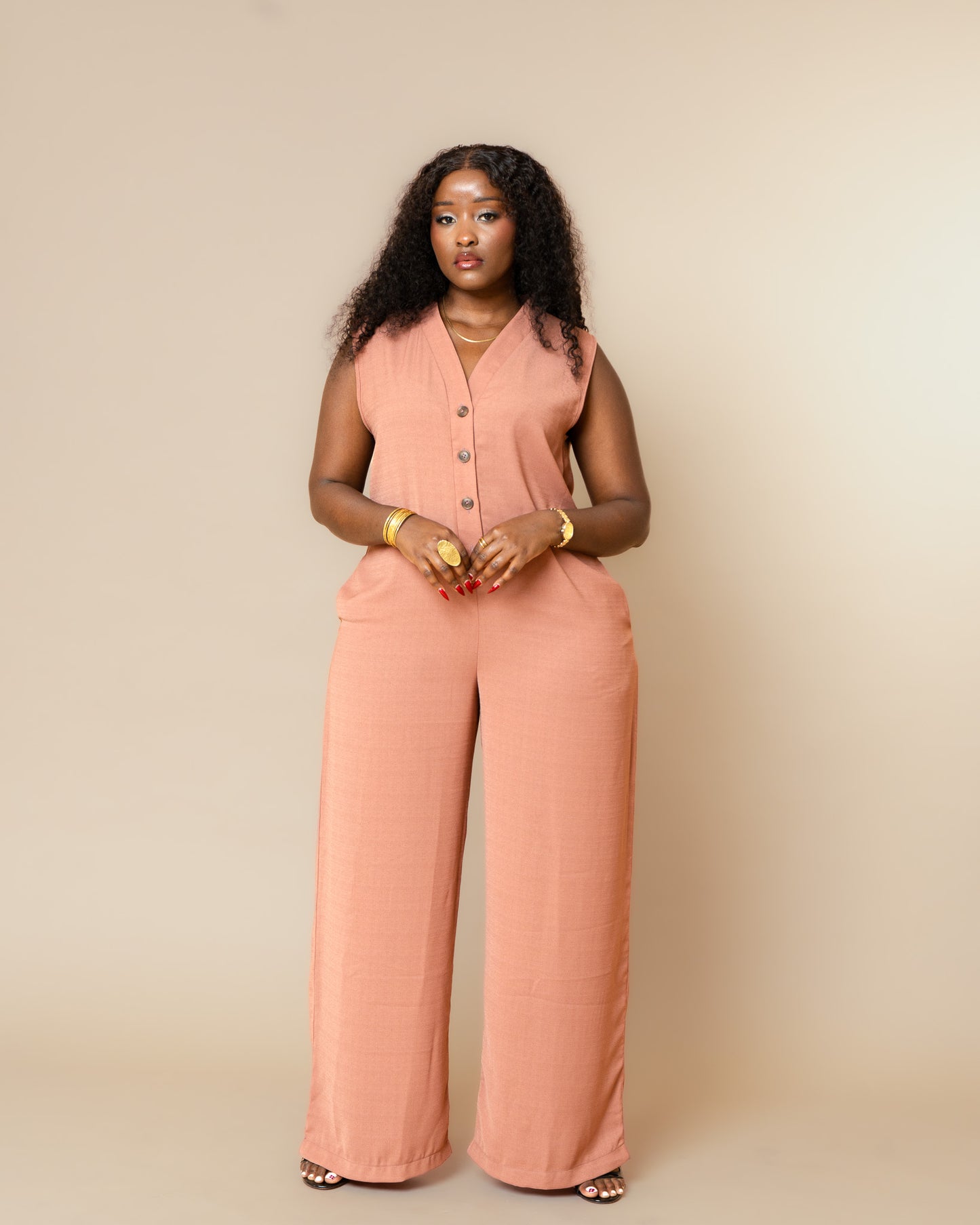 Button Front Wide Leg Jumpsuit - Dusty Rose