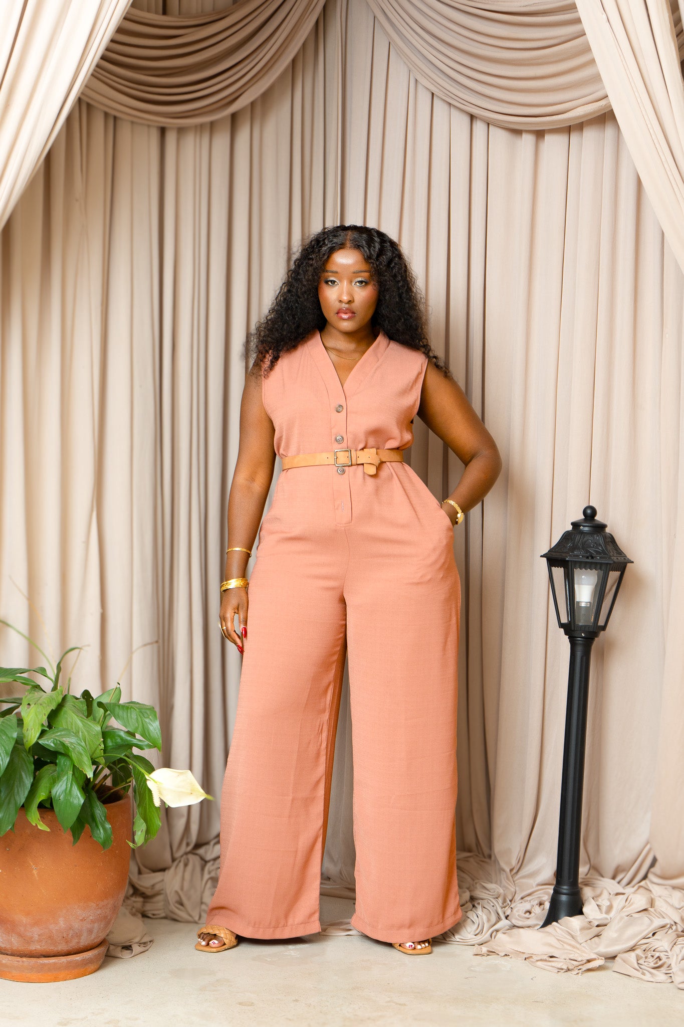 Button Front Wide Leg Jumpsuit - Dusty Rose