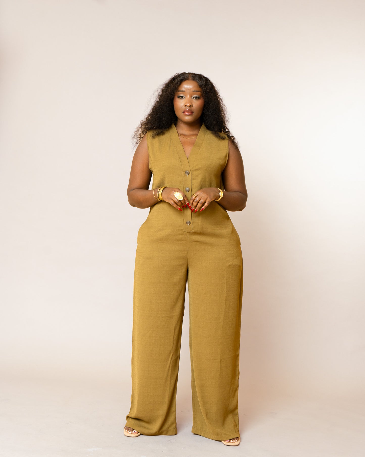 Button Front Wide Leg Jumpsuit - Olive