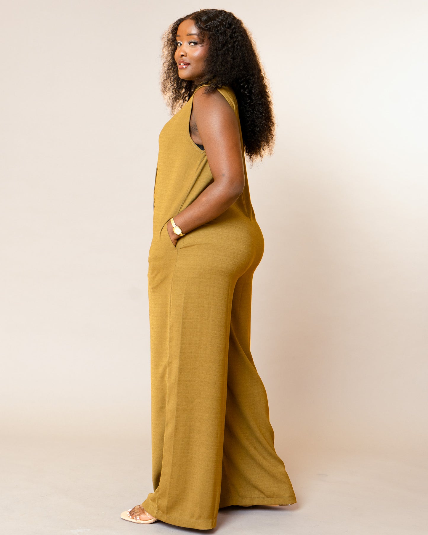 Button Front Wide Leg Jumpsuit - Olive