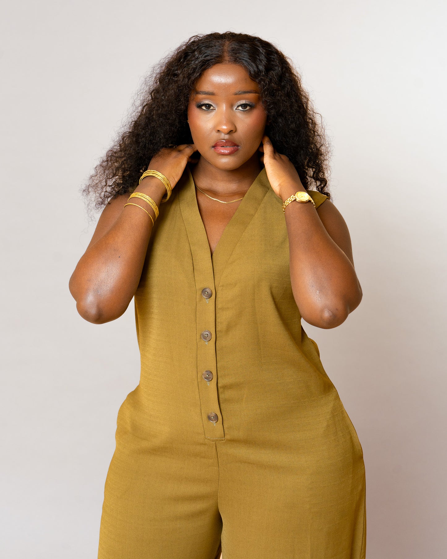 Button Front Wide Leg Jumpsuit - Olive